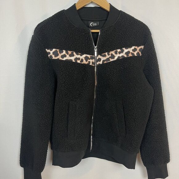 Zyia Active Leopard Flying V Teddy Fleece Black Jacket - Size Small - Picture 2 of 14